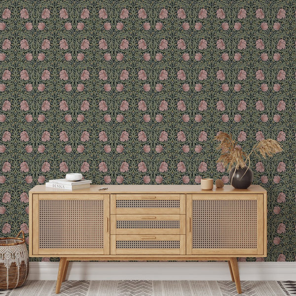 Intertwined vines with pink blossoms on dark ground, creating a rich Victorian look for accent walls.