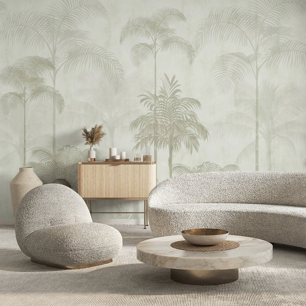 Neutral sage green palm tree wall mural with delicate tropical foliage and softly layered trees, ideal for a modern bedroom or living room.
