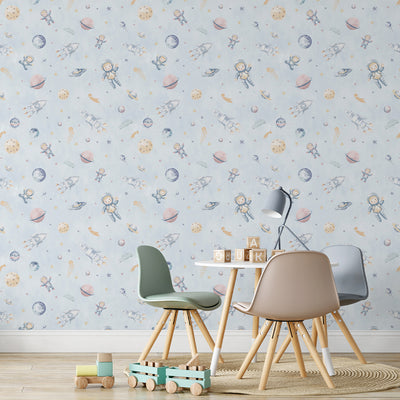 Pastel Blue Astronauts & Rockets Wallpaper S122
