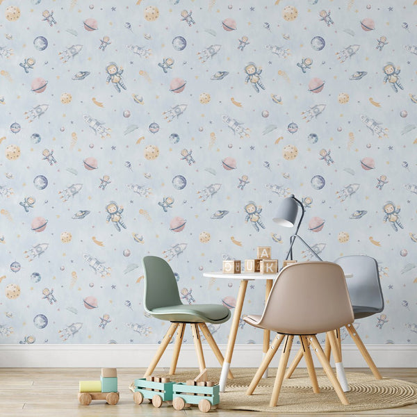 Pastel Blue Astronauts & Rockets Wallpaper S122 - CostaCover-Peel and stick Removable Wallpaper-accent wallpaper-adhesive wallpaper-baby bedroom