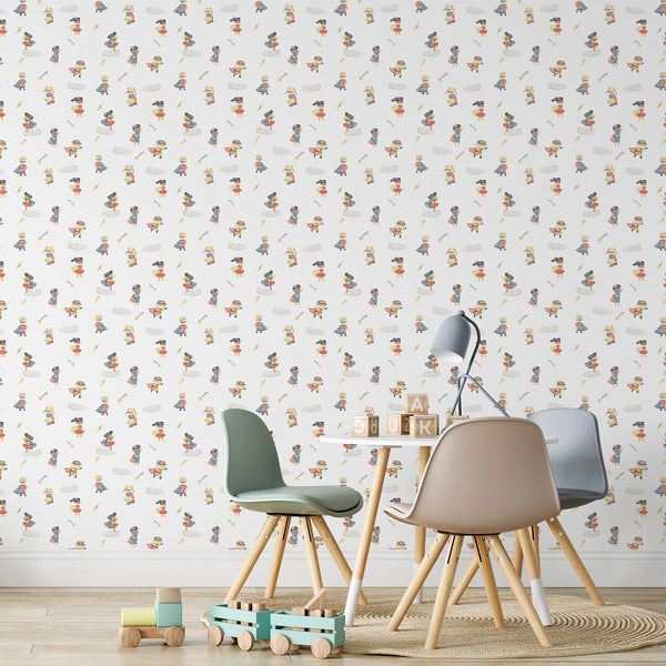 Superhero kids wallpaper featuring playful watercolor boys and girls in red, blue and yellow costumes with scattered clouds, stars and lightning bolts.