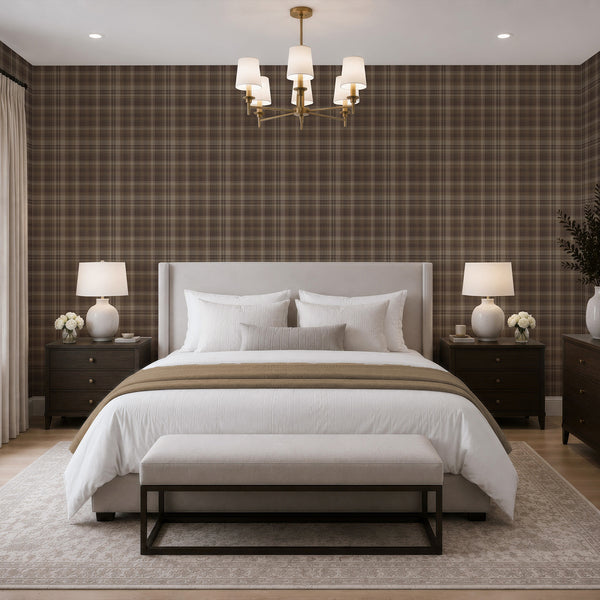 Cottagecore tartan wallpaper in chocolate brown and muted taupe with a classic check design, perfect for charming English country bedrooms and vintage decor.