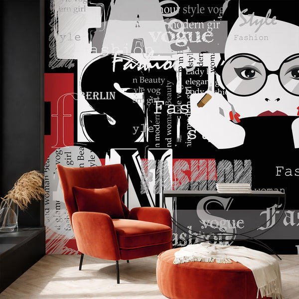 Fashion woman wall mural featuring a bold collage of a female face with round glasses and red lips, perfect for contemporary living rooms.