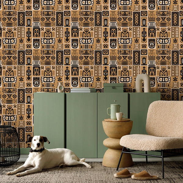 Beige Brown African Symbols Wallpaper W162 - CostaCover - Peel and stick Removable Wallpaper - abstract wallpaper - accent wallpaper - adhesive wallpaper