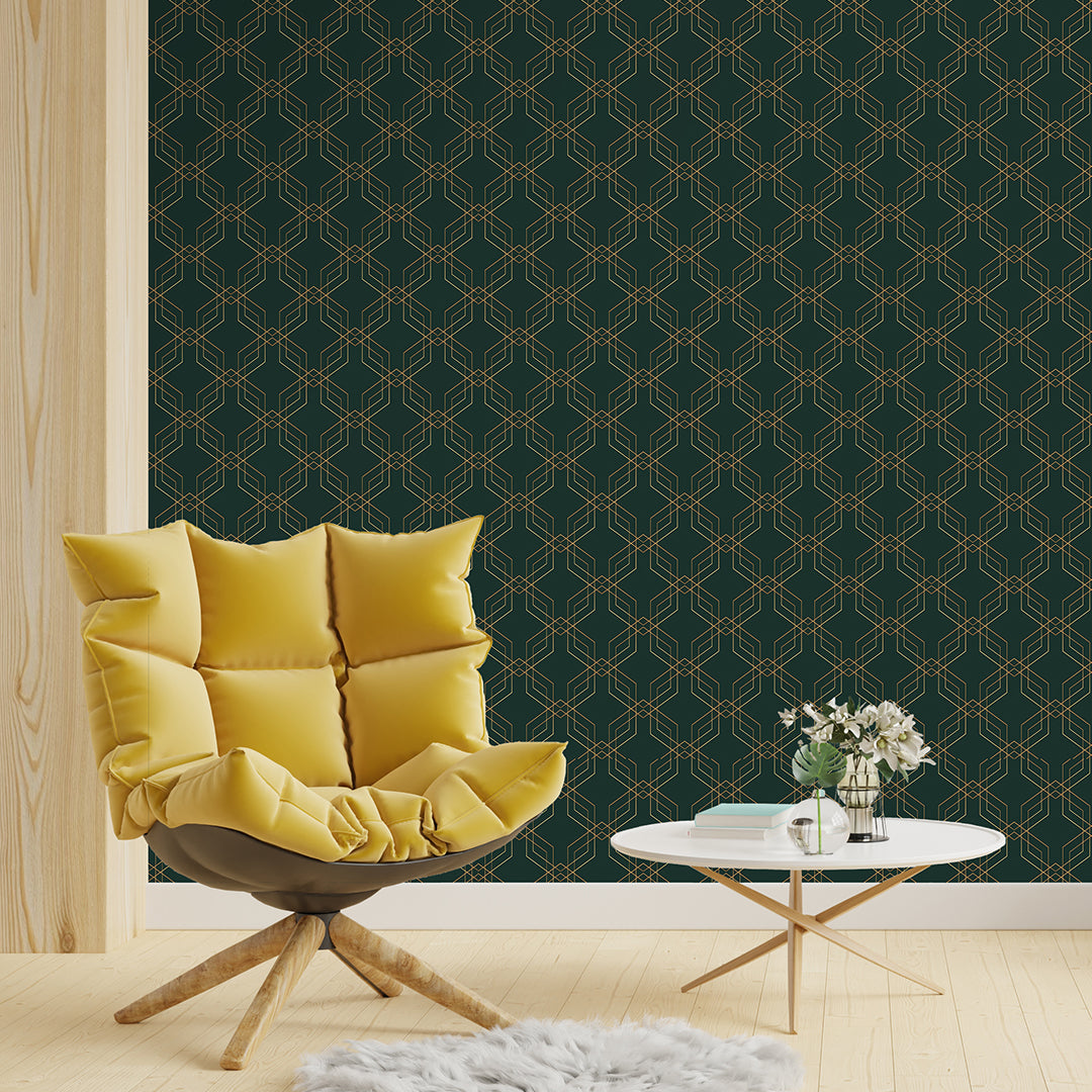 Dark Green Gold Effect Art Deco Wallpaper CC325