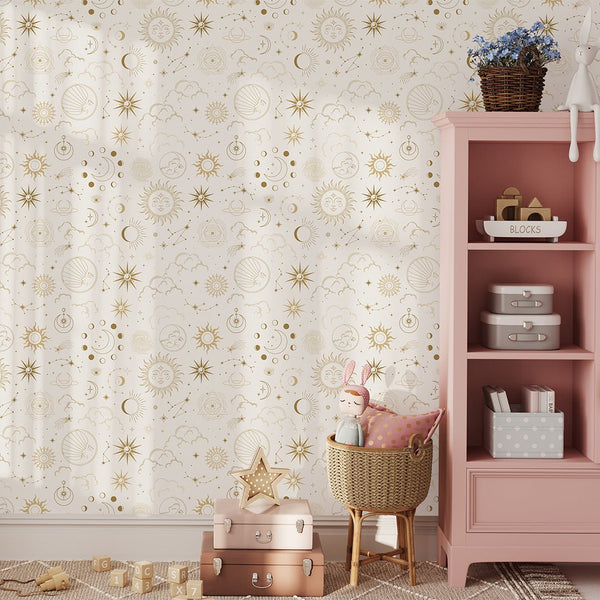 Cream Sky & Сonstellation Wallpaper W067 - CostaCover - Peel and stick Removable Wallpaper - abstract wall art - abstract wallpaper - accent wallpaper