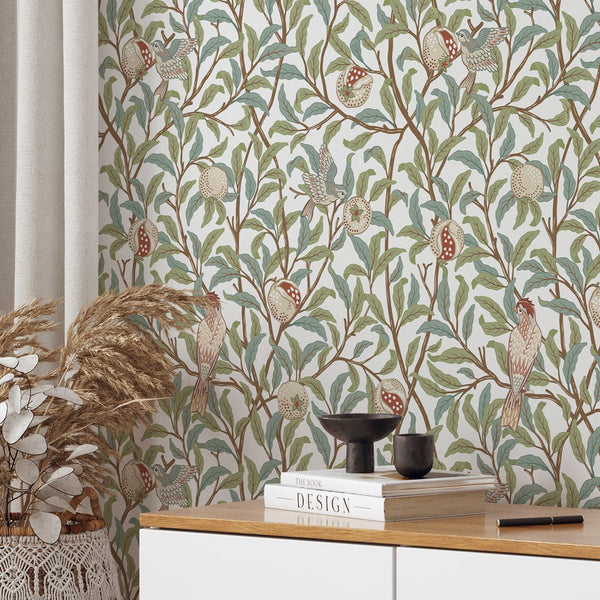 Green Bird & Pomegranate by Morris Wallpaper W088 - CostaCover - Peel and stick Removable Wallpaper - abstract wall art - abstract wallpaper - accent wallpaper