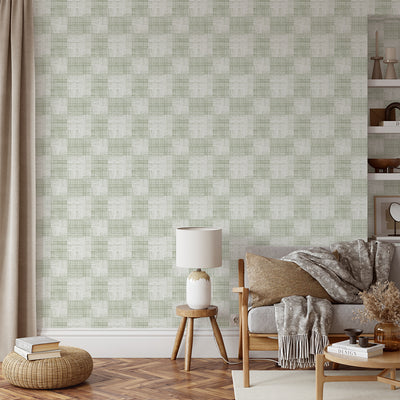 Soft Green Checker Grasscloth Wallpaper CG024