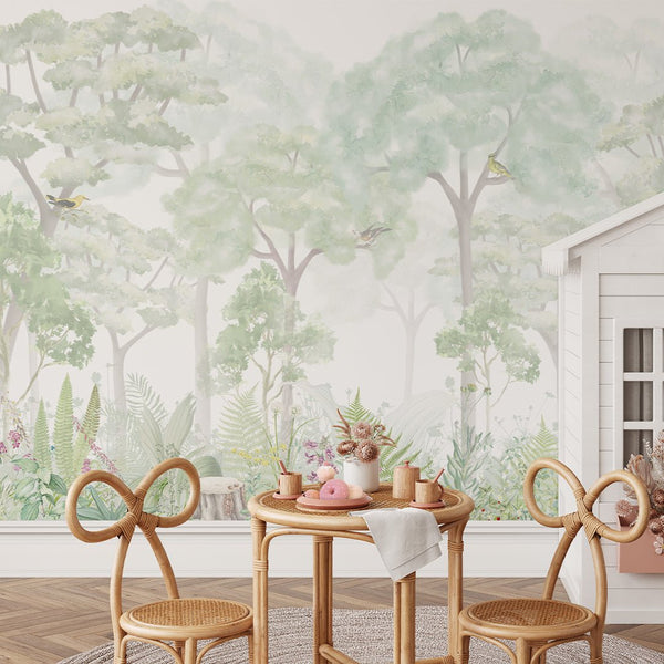 Green Watercolor Forest Wall Mural WM088 - CostaCover - Peel and stick Removable Wallpaper - abstract forest - accent wallpaper - adhesive wallpaper