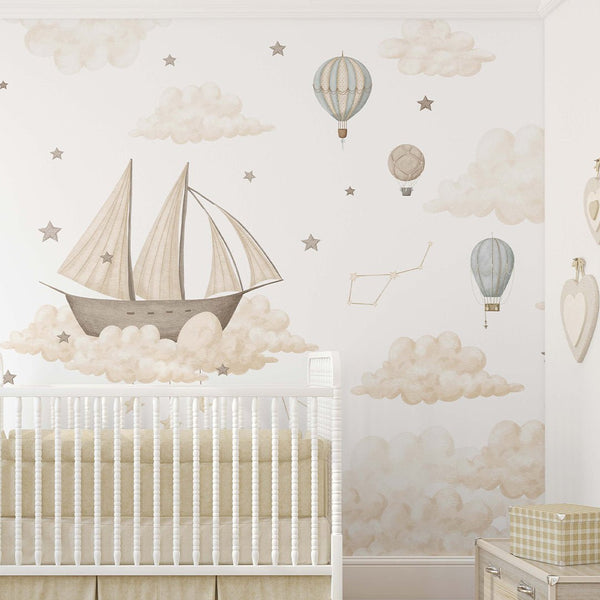 Ship Moon Cloud Star Wall Mural SM008 - CostaCover - Peel and stick Removable Wallpaper - accent wallpaper - adhesive wallpaper - air balloon