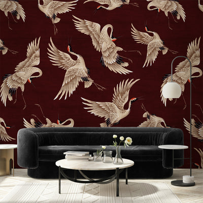 Flying Burgundy Japanese Cranes Wall Mural WM120