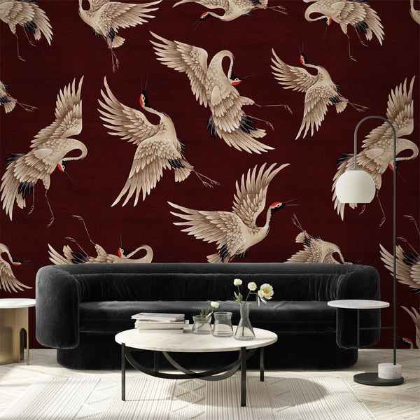 Flying Burgundy Japanese Cranes Wall Mural WM120 - CostaCover - Peel and stick Removable Wallpaper - accent wallpaper - adhesive wallpaper - animal texture