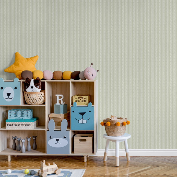Light sage green striped wallpaper with elegant white botanical flowers and vintage-inspired vertical bands, perfect for bedrooms, nurseries, and living rooms.