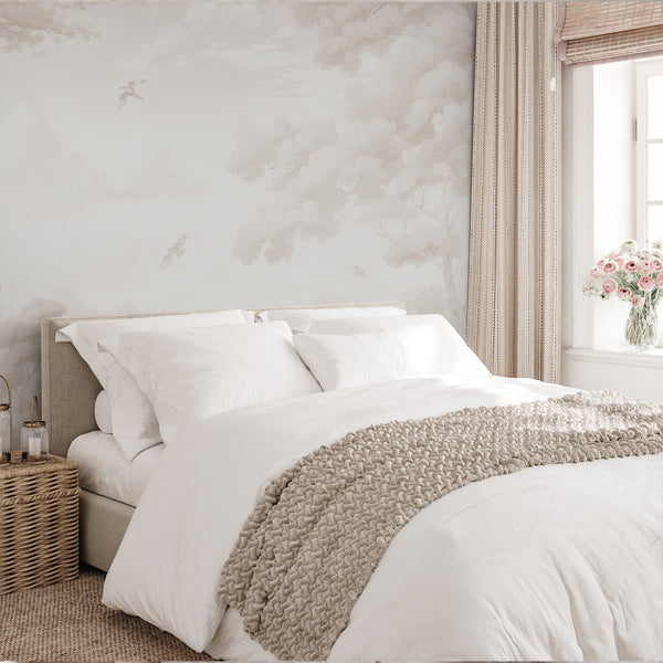 Vintage landscape wall mural in soft taupe, featuring a calm river and distant hills, perfect for entryways. The open and airy design complements classic decor, adding a touch of elegance with its painterly matte finish.