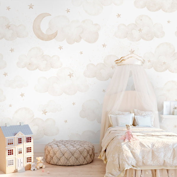 Beige Moon Clouds & Stars Wall Mural SM067 - CostaCover - Peel and stick Removable Wallpaper - Abstract - abstract wall art - abstract wallpaper