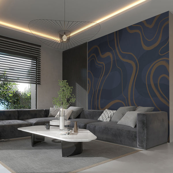 Dark blue abstract wall mural with sweeping warm brown curves and layered textured shapes, ideal for a contemporary bedroom or living room.