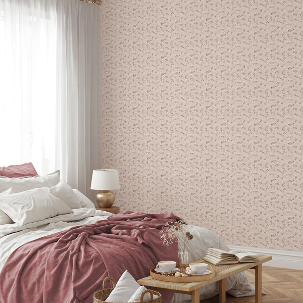 Eco-friendly pink floral vine wallpaper with a soft linen effect, perfect for romantic hallway walls.