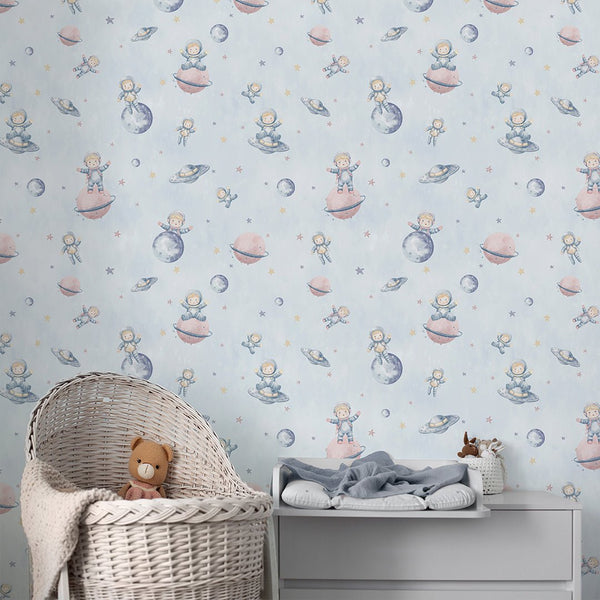 Pastel Blue Astronauts & Planets Wallpaper S124 - CostaCover-Peel and stick Removable Wallpaper-accent wallpaper-adhesive wallpaper-baby bedroom