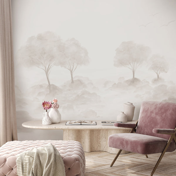 Neutral beige landscape wallpaper featuring soft watercolor trees, misty foliage and subtle birds for a minimalist bedroom or living room wall.