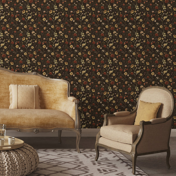 Romantic dark floral wallpaper with watercolor meadow blooms in rust, ivory, blush, and mustard, perfect for cottagecore nurseries and farmhouse bedrooms.