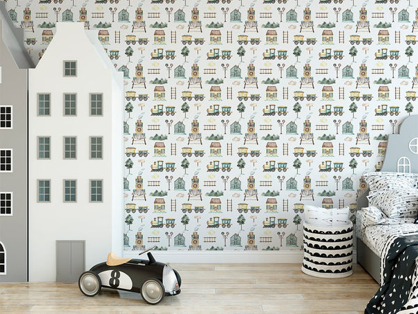 Cartoon Train Railroad Wallpaper CC293 - CostaCover - Peel and stick Removable Wallpaper - adhesive wallpaper - baby bedroom - bedroom interior