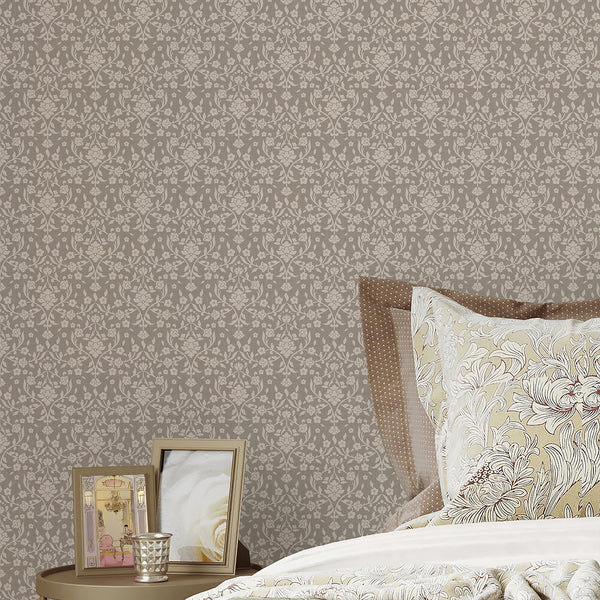 Beige botanical damask wallpaper featuring stylized flowers, scrolling branches and delicate foliage in a timeless vintage-inspired floral pattern.