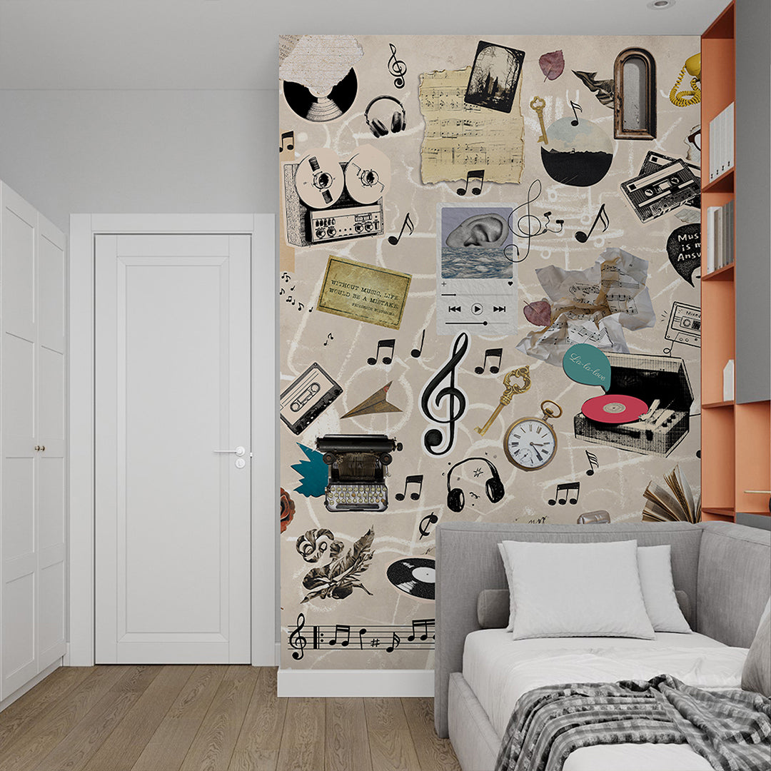 Beige Vintage Music Collage Wall Mural SM107
