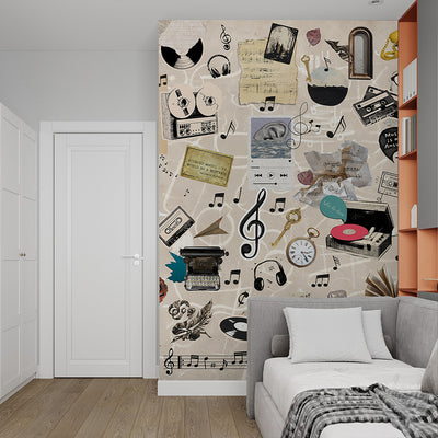 Beige Vintage Music Collage Wall Mural SM107