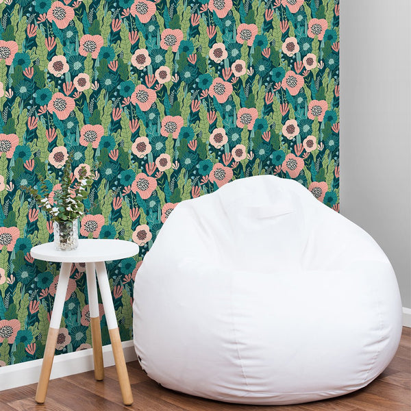 Greenery Pink Flowers Wallpaper CC202 - CostaCover - Peel and stick Removable Wallpaper - adhesive wallpaper - Backsplash panels - bathroom wallpaper