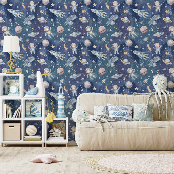 Dark Blue Astronauts & Planets Wallpaper S119 - CostaCover-Peel and stick Removable Wallpaper-accent wallpaper-adhesive wallpaper-bathroom wallpaper