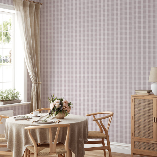 Modern farmhouse plaid wallpaper in dusty mauve and ivory with refined intersecting lines, creating a cozy backdrop for bedrooms and living spaces.