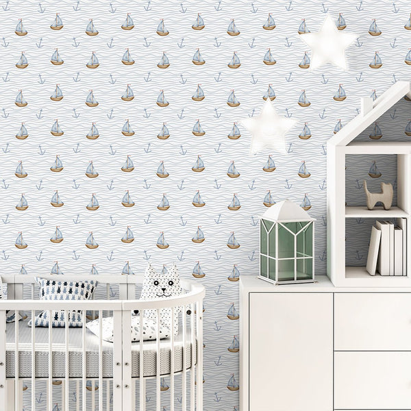Tiny Sailboat & Wave Wallpaper A061 - CostaCover-Peel and stick Removable Wallpaper-abstract wall art-accent wallpaper-adhesive wallpaper