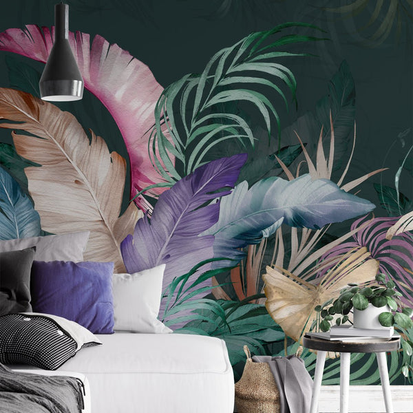 Colorful Dark Banana Leaves Wall Mural WM024 - CostaCover - Peel and stick Removable Wallpaper - adhesive wallpaper - banana leaves - Banana leaves wallpaper