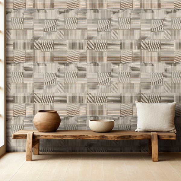 Beige Brown Stripes Wallpaper A009 - CostaCover - Peel and stick Removable Wallpaper - about walls - Abstract - Abstract Labyrinth Lines