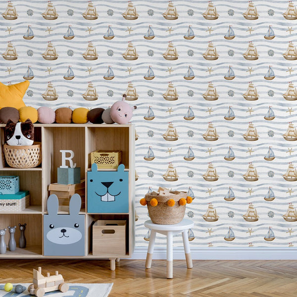 Pastel Sailboats & Waves Wallpaper A063 - CostaCover-Peel and stick Removable Wallpaper-abstract wall art-abstract wallpaper-accent wallpaper