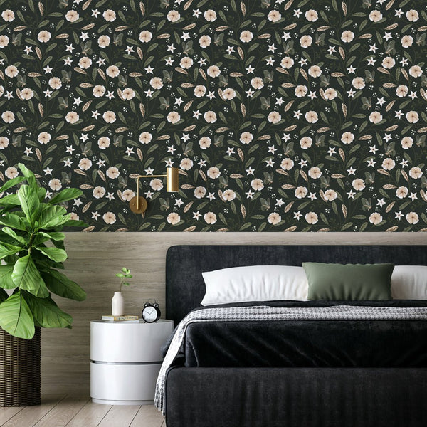 Dark Green & Beige Floral Wallpaper W154 - CostaCover - Peel and stick Removable Wallpaper - abstract floral - abstract wall art - abstract wallpaper