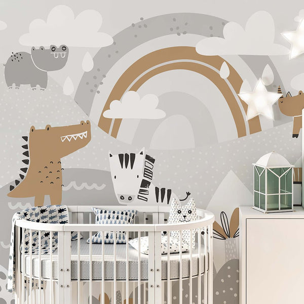 Gray Beige African Animals Wall Mural AM108 - CostaCover - Peel and stick Removable Wallpaper - accent wallpaper - adhesive wallpaper - africa