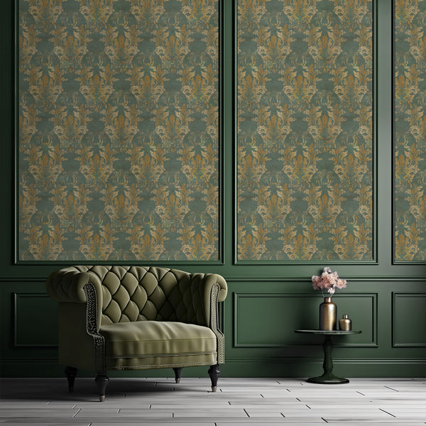 Dark green and antique gold damask wallpaper with oversized distressed baroque ornament and textured plaster effect for a dramatic living room wall.