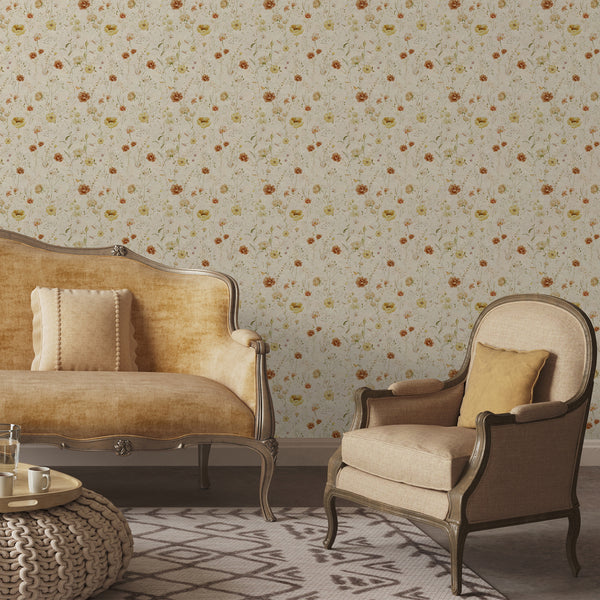 Cottagecore wildflower wallpaper with delicate watercolor blossoms and botanical sprigs in earthy neutral colors for a bedroom, nursery or powder room.