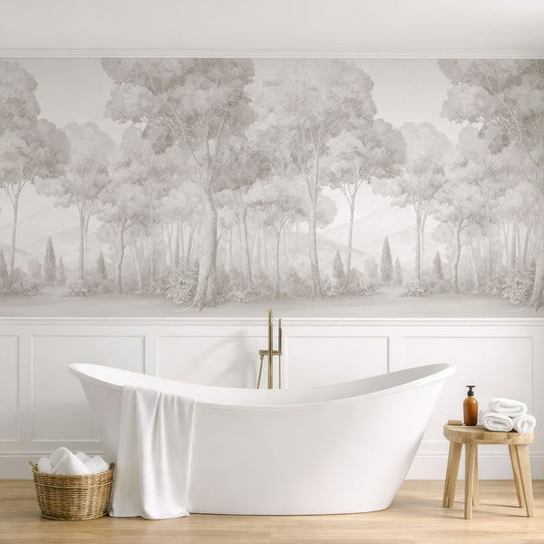Neutral misty forest mural with painterly edges and subdued tones, ideal for a serene dining room. This removable wallpaper is made from eco-friendly materials and offers easy application.