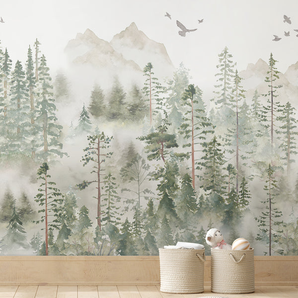 Sage green misty forest wallpaper with tiny bird silhouettes, perfect for a calming nursery decor.