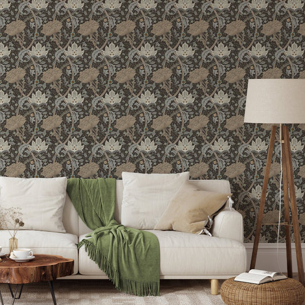 Brown and beige wallpaper with large-scale floral patterns, offering an Arts and Crafts aesthetic to entryways or home offices. High-quality removable material.