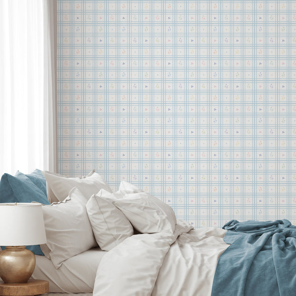 Blue Plaid Floral Wallpaper L148