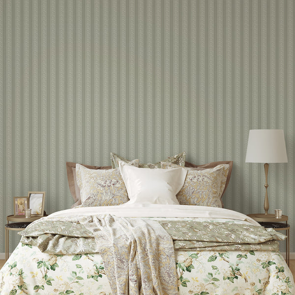 Sage Green Floral Stripe Wallpaper L130