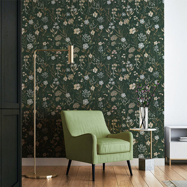 Green & Beige Wildflowers Wallpaper W137 - CostaCover - Peel and stick Removable Wallpaper - Abstract - abstract floral - abstract wall art