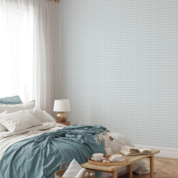 Blue check wallpaper featuring a classic gingham-inspired pattern with clean geometric squares for a stylish bedroom, playroom, or nursery wall.