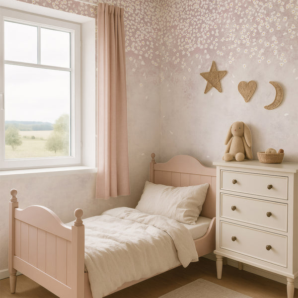 Blush flower wall mural with tiny white blossoms and soft pink watercolor shading, creating a romantic botanical look for a bedroom or nursery.