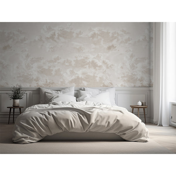 Neutral beige removable wallpaper featuring soft cloud formations and an ethereal sky design, perfect for a nursery, bedroom, or kids room accent wall.
