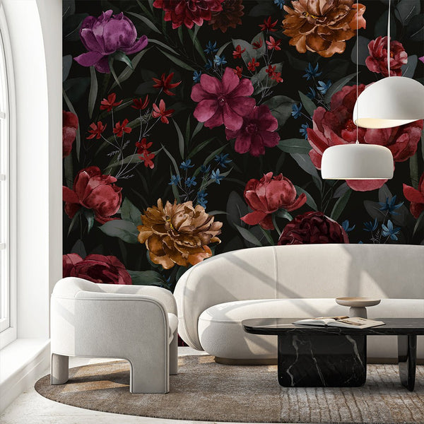 Dark Flowers Print Wall Mural SM027 - CostaCover - Peel and stick Removable Wallpaper - abstract wallpaper - accent wallpaper - adhesive wallpaper