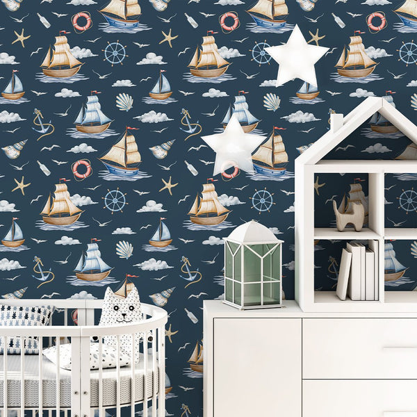 Dark Blue Sailboats Wallpaper A064 - CostaCover-Peel and stick Removable Wallpaper-abstract wall art-accent wallpaper-adhesive wallpaper